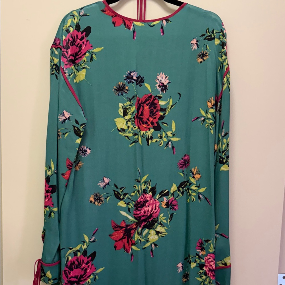 Free People Maxi Green Floral Duster Kimono with Pink Accents Sz. L - Picture 7 of 11
